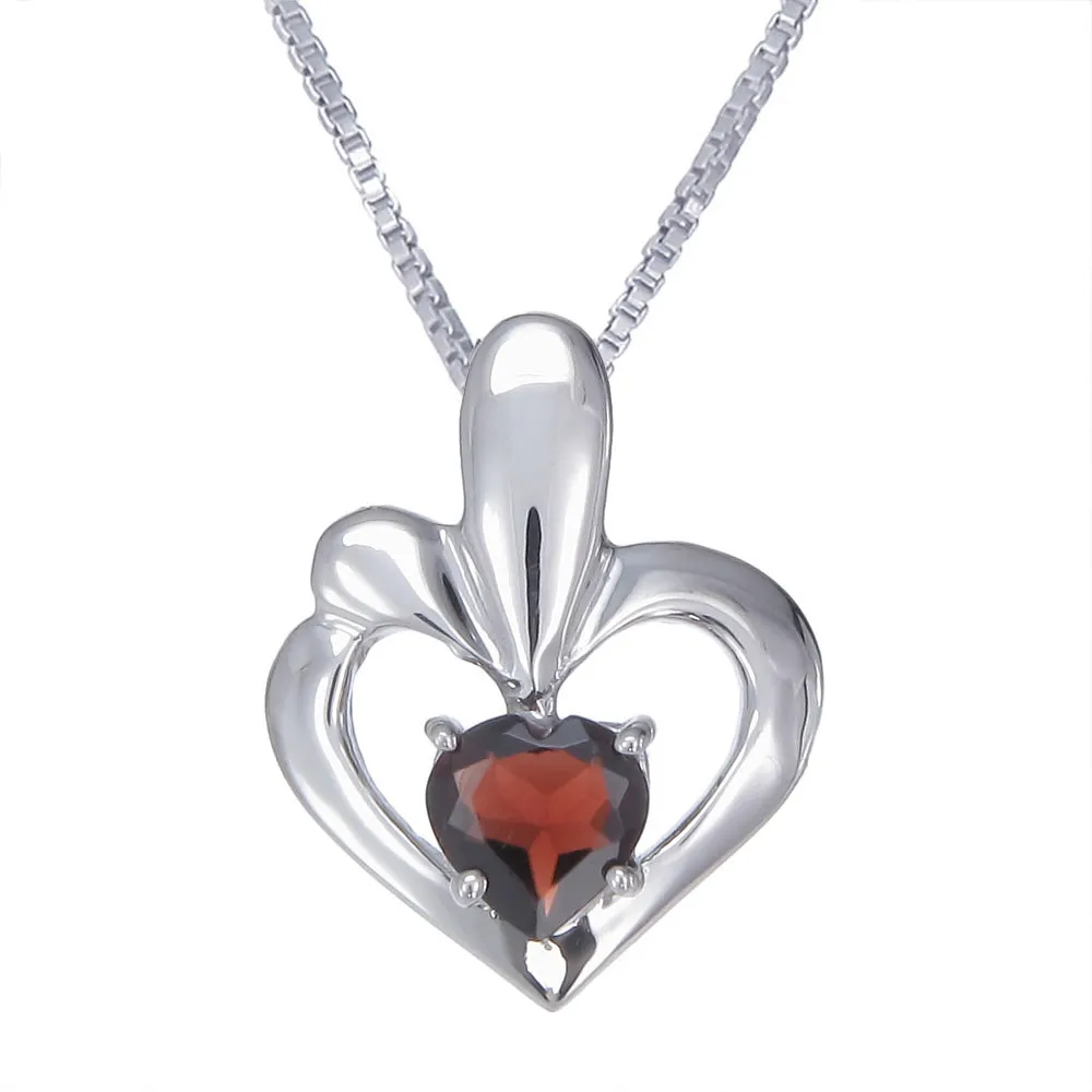 0.90 cttw Garnet Pendant 6MM Heart Shape.925 Sterling Silver With Chain