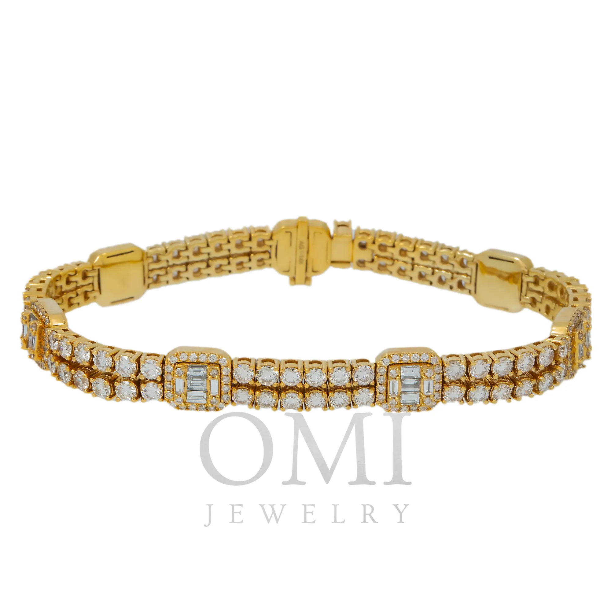 14K GOLD BAGUETTE AND ROUND DIAMONDS SQUARE SHAPES BRACELET 11.05 CT