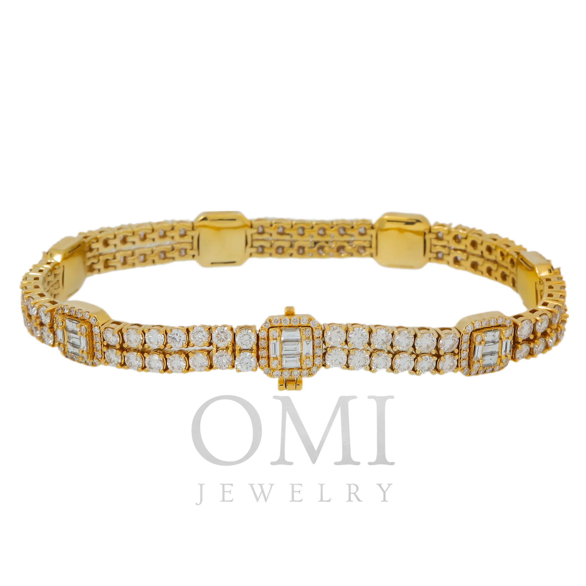14K GOLD BAGUETTE AND ROUND DIAMONDS SQUARE SHAPES BRACELET 11.05 CT