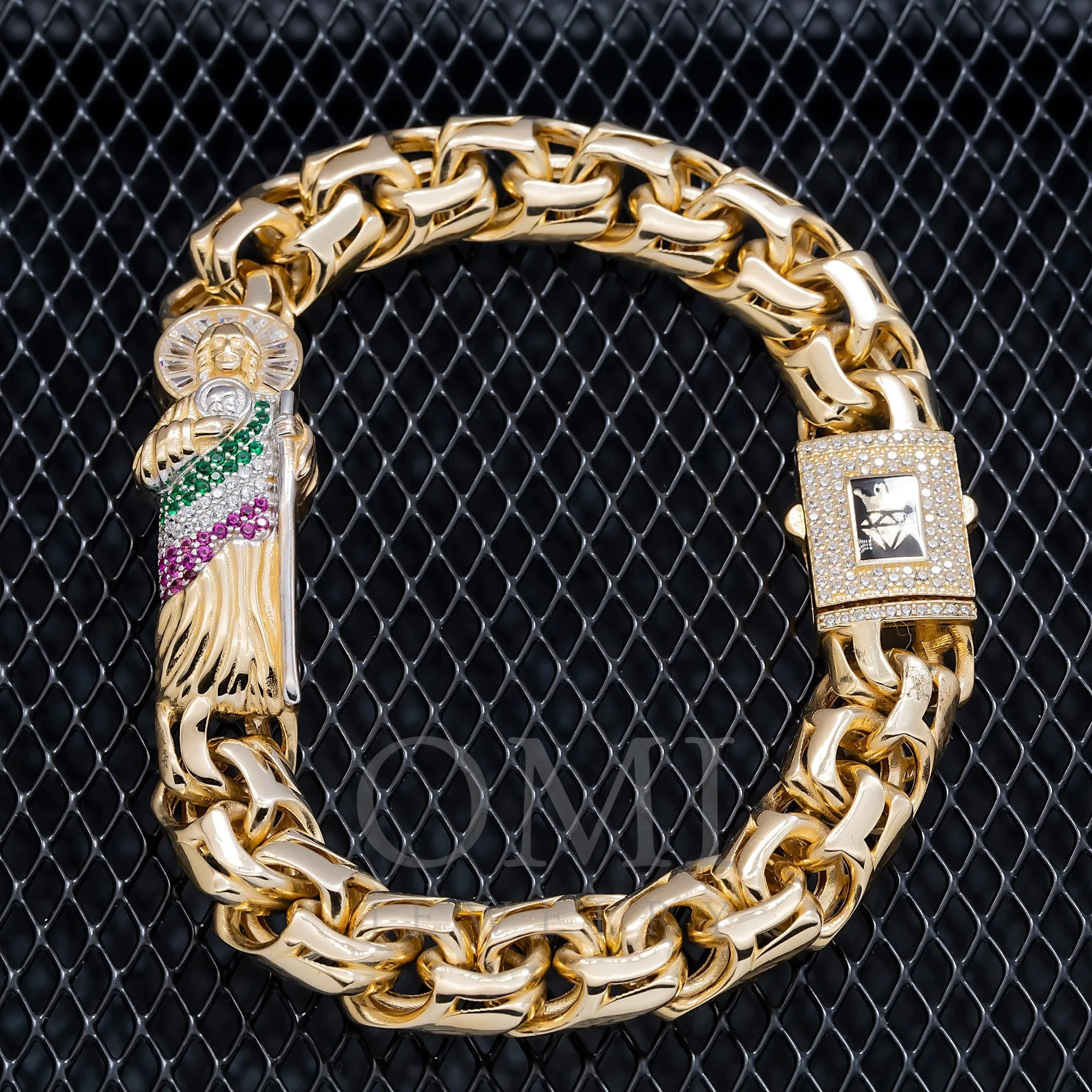 14K GOLD DIAMOND AND GEMSTONES ST. JUDE CHINO LINK CHAIN BRACELET 34.3G