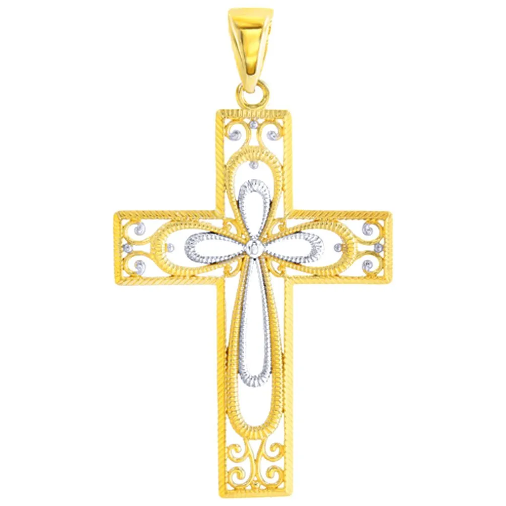 14K Gold Textured Milgrain Filigree Cross Pendant Figaro Necklace - Yellow Gold