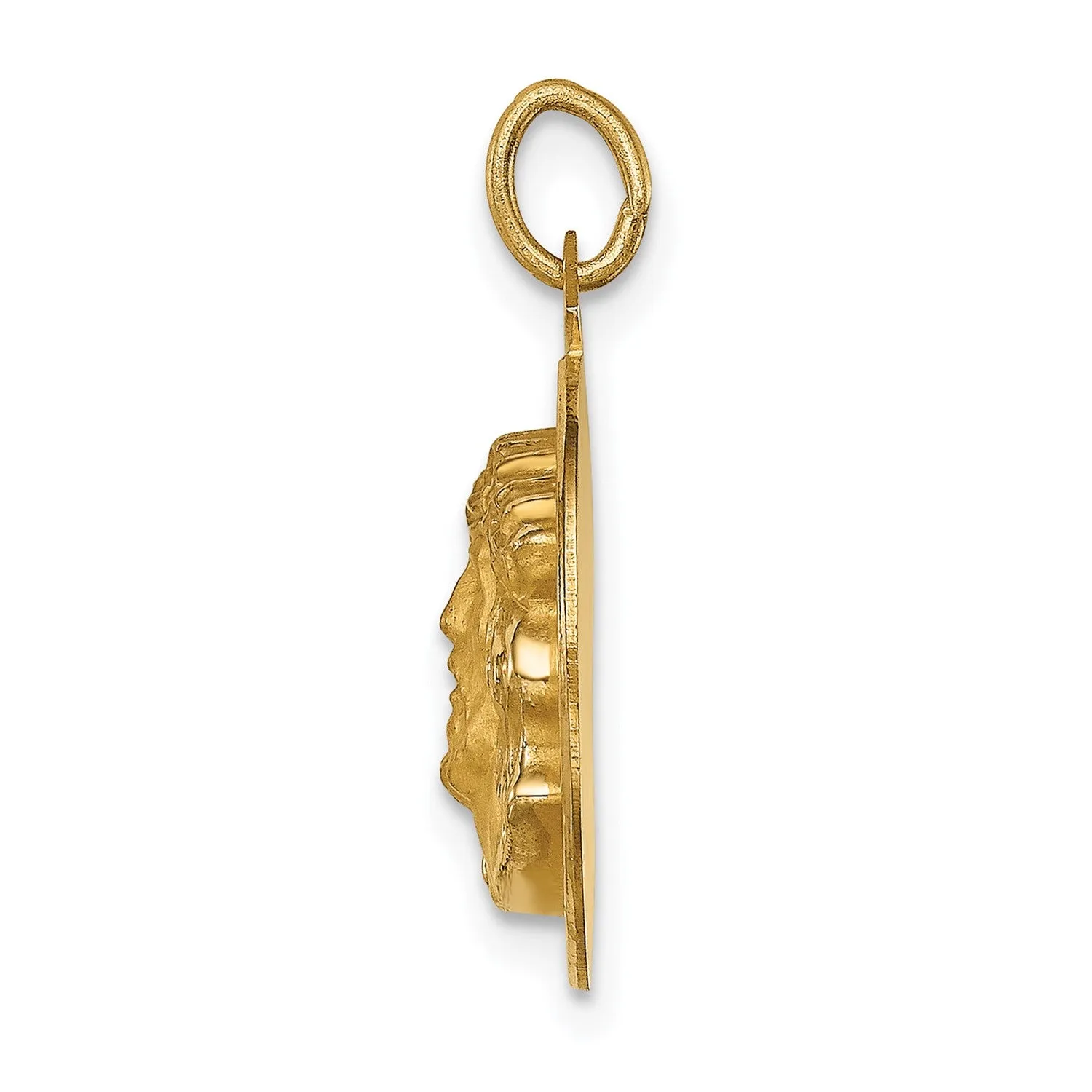 14k Real Yellow Gold Polished and Satin Small Round Jesus Medal Pendant, 0.5 Inch Diameter