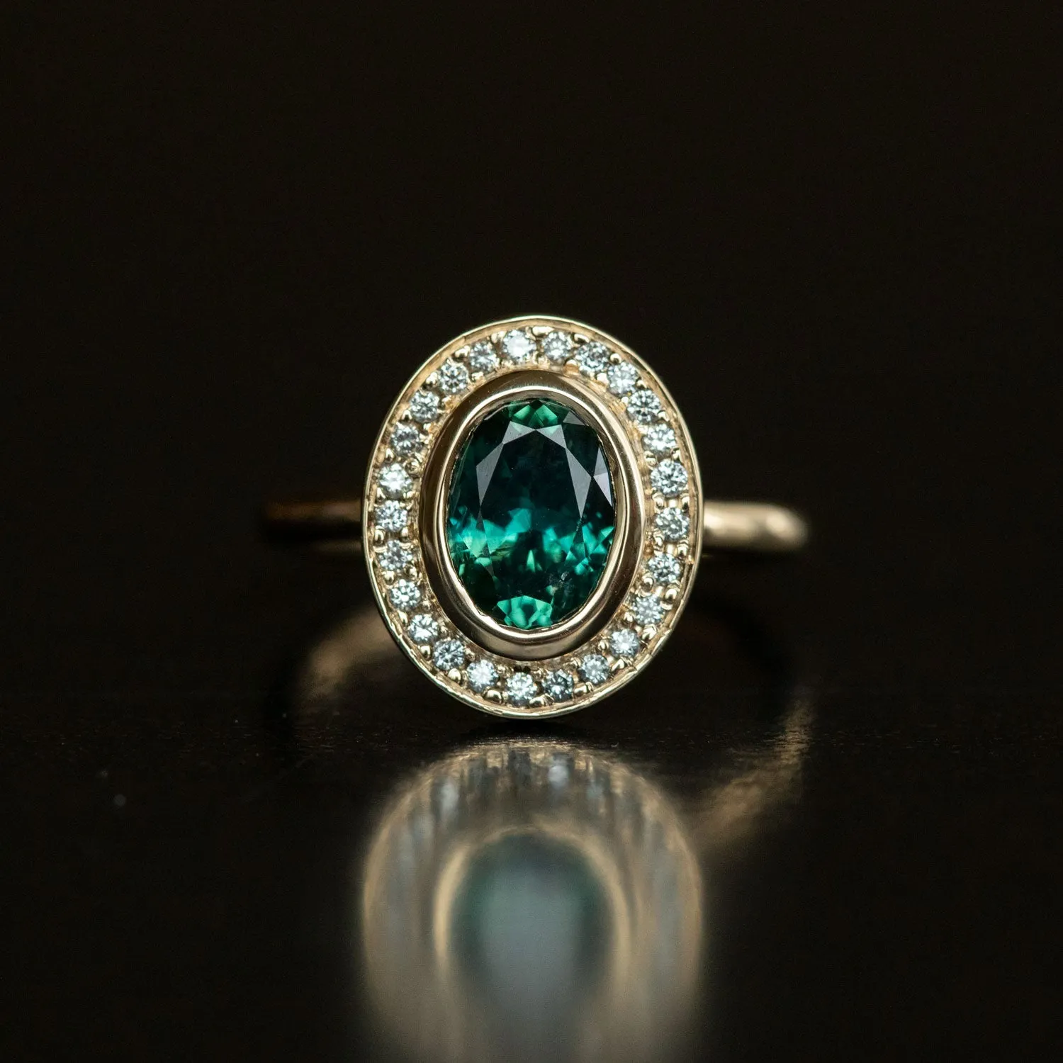 1.72ct Teal Color Change Sapphire Bezel Set Diamond Halo in 14k Yellow Gold