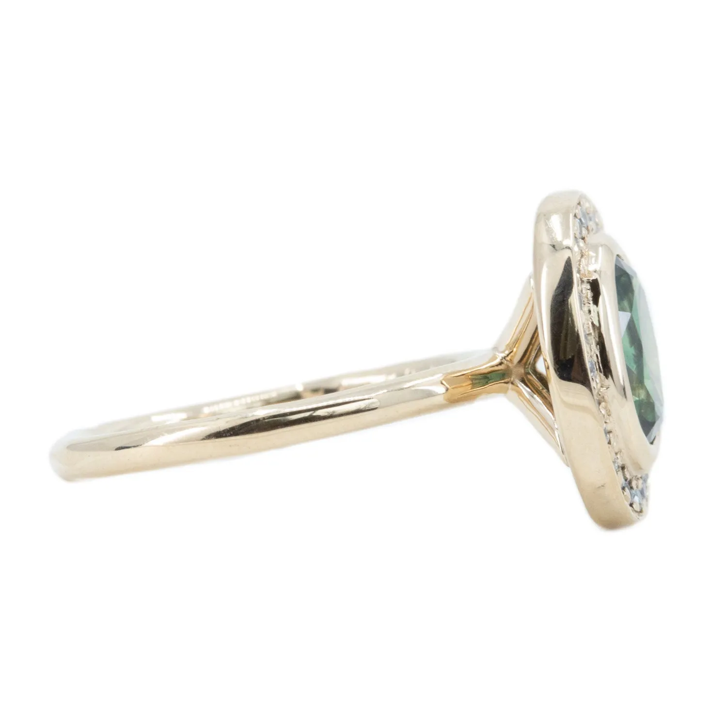 1.72ct Teal Color Change Sapphire Bezel Set Diamond Halo in 14k Yellow Gold
