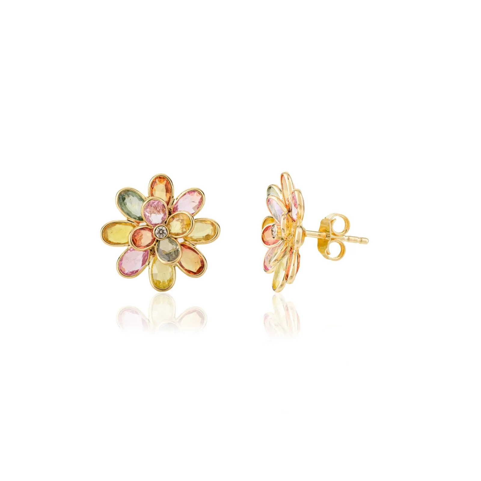 18K Solid Yellow Gold Multi Sapphire Floral Stud