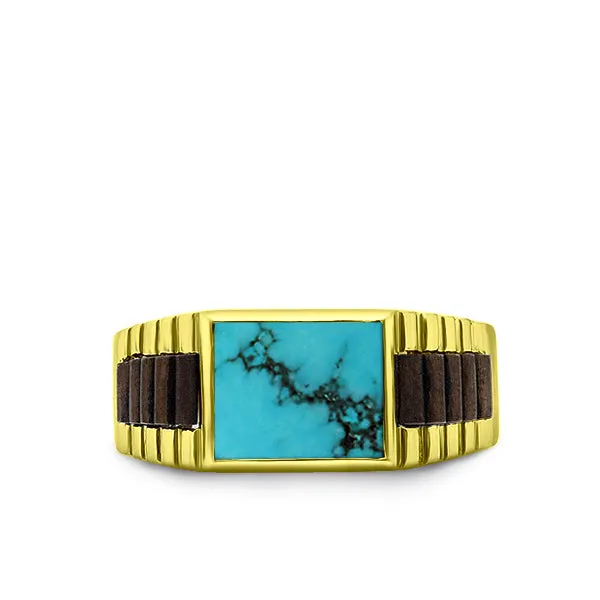 18K Solid Yellow Gold Wedding Engagement Ring Band Large Turquoise Stone Jewelry