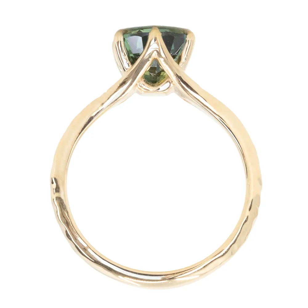 2.40ct Oval Teal Green Parti Sapphire Evergreen Carved Split Shank Six Prong Ring in 14k Yellow Gold