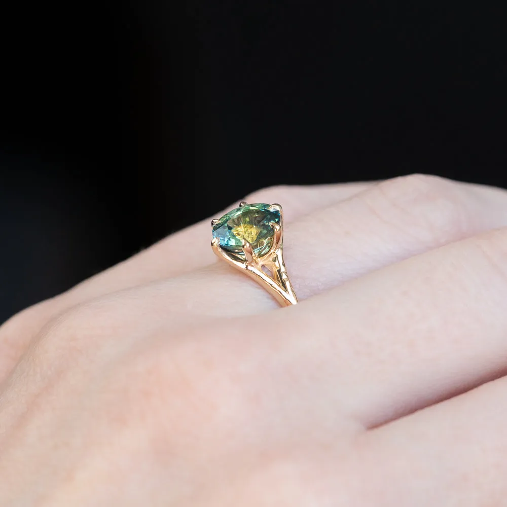 2.40ct Oval Teal Green Parti Sapphire Evergreen Carved Split Shank Six Prong Ring in 14k Yellow Gold