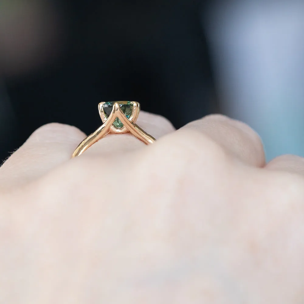2.40ct Oval Teal Green Parti Sapphire Evergreen Carved Split Shank Six Prong Ring in 14k Yellow Gold
