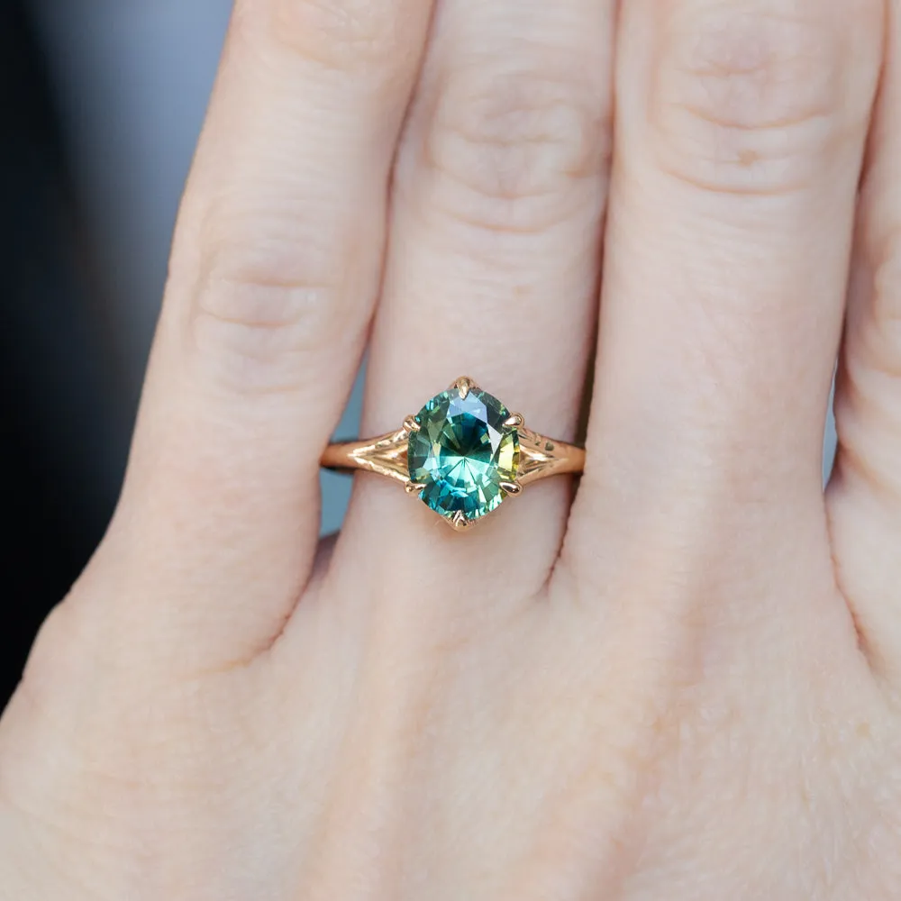 2.40ct Oval Teal Green Parti Sapphire Evergreen Carved Split Shank Six Prong Ring in 14k Yellow Gold