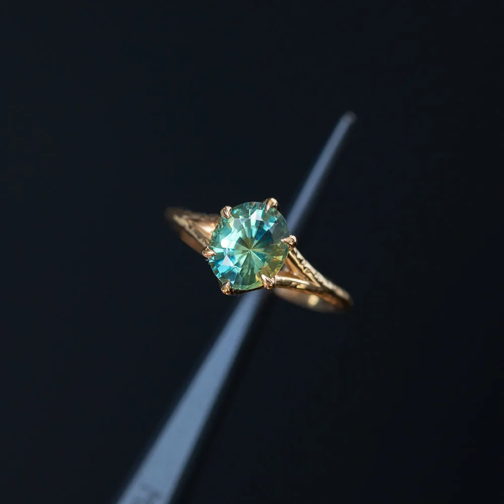 2.40ct Oval Teal Green Parti Sapphire Evergreen Carved Split Shank Six Prong Ring in 14k Yellow Gold