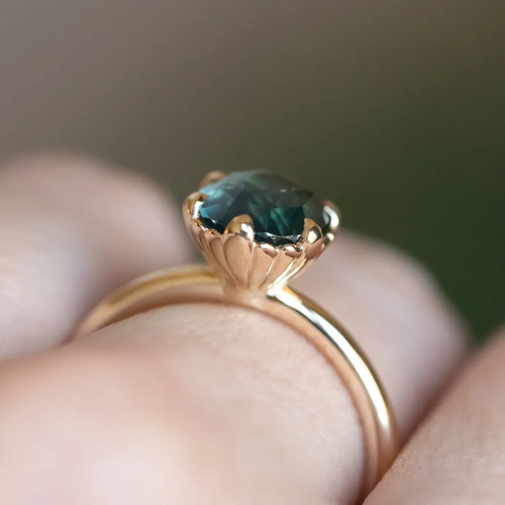 2.48ct Oval Teal Madagascar Sapphire Scallop Cup Solitaire in 14k Yellow Gold