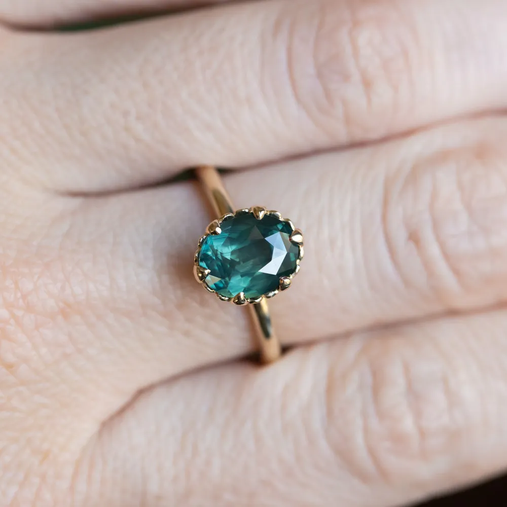 2.48ct Oval Teal Madagascar Sapphire Scallop Cup Solitaire in 14k Yellow Gold