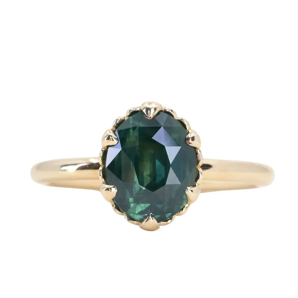 2.48ct Oval Teal Madagascar Sapphire Scallop Cup Solitaire in 14k Yellow Gold