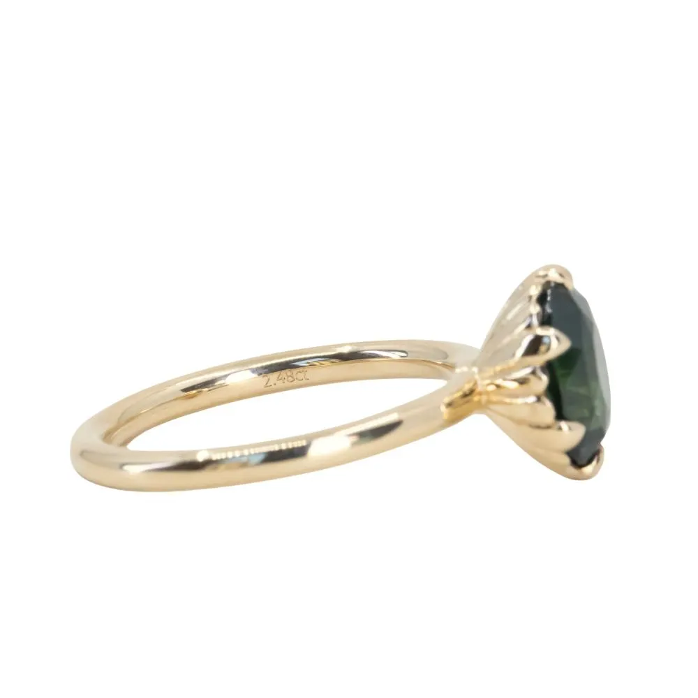 2.48ct Oval Teal Madagascar Sapphire Scallop Cup Solitaire in 14k Yellow Gold
