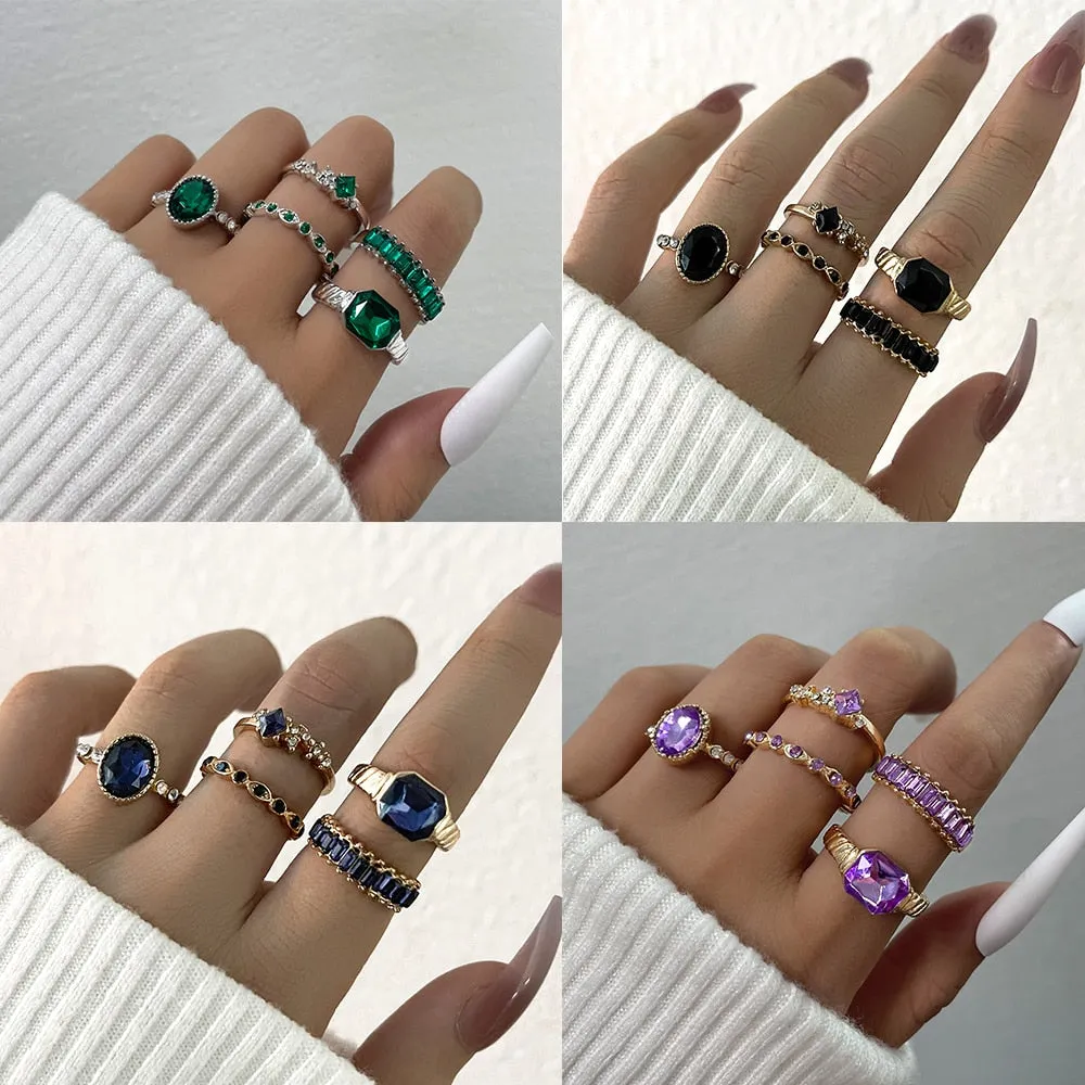 5Pc Green Crystal Gold Plated Vintage Classy Style Boho Ring Set