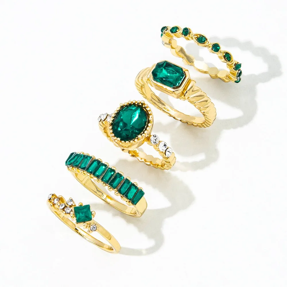 5Pc Green Crystal Gold Plated Vintage Classy Style Boho Ring Set