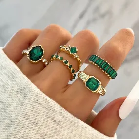 5Pc Green Crystal Gold Plated Vintage Classy Style Boho Ring Set