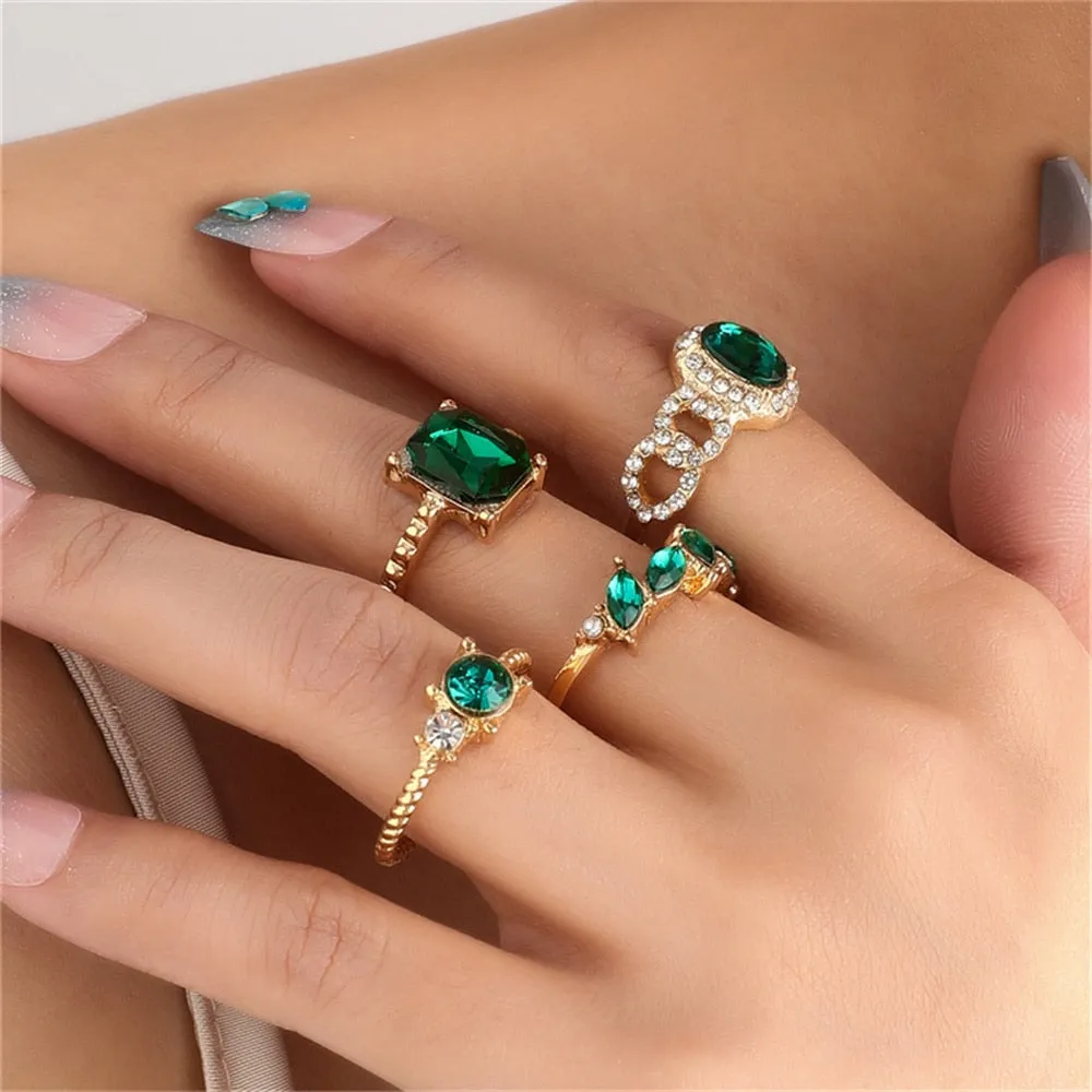 5Pc Green Crystal Gold Plated Vintage Classy Style Boho Ring Set