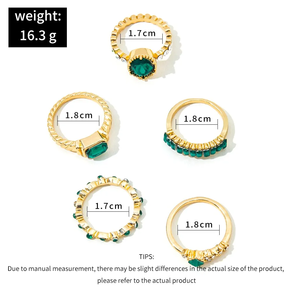5Pc Green Crystal Gold Plated Vintage Classy Style Boho Ring Set