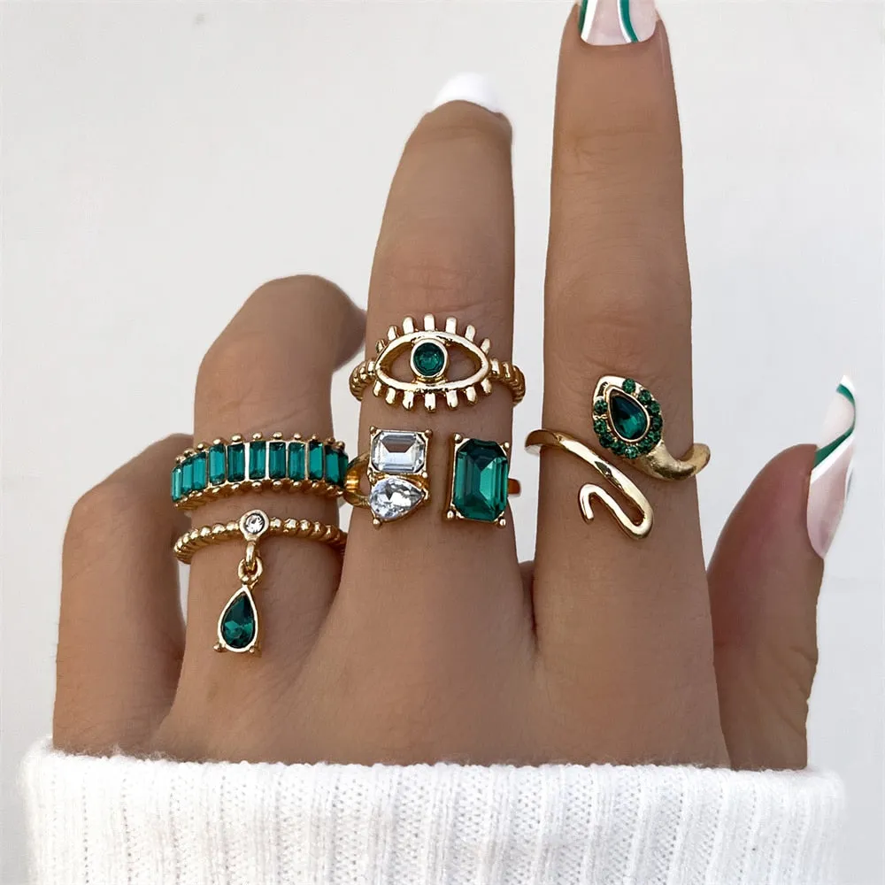 5Pc Green Crystal Gold Plated Vintage Classy Style Boho Ring Set