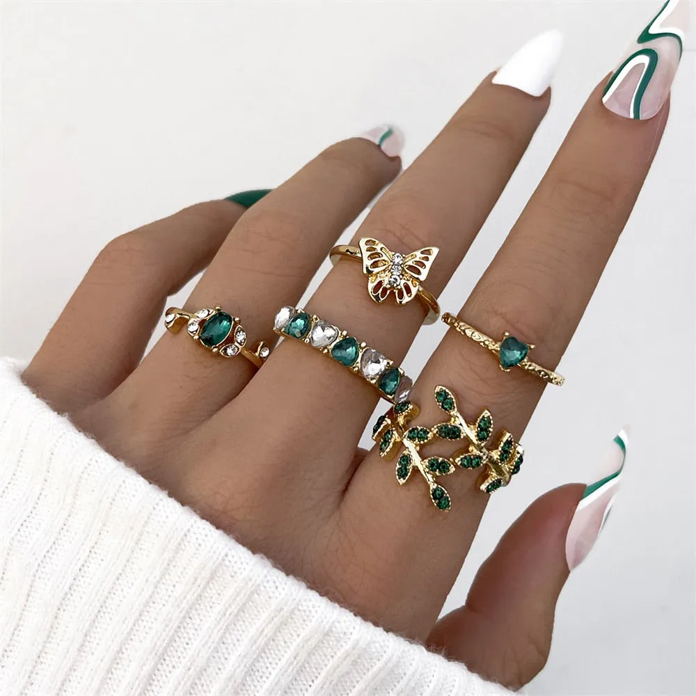 5Pc Green Crystal Gold Plated Vintage Classy Style Boho Ring Set