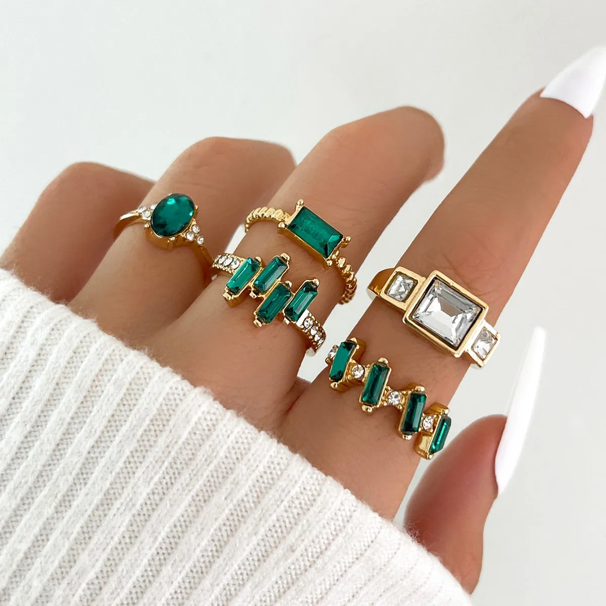 5Pc Green Crystal Gold Plated Vintage Classy Style Boho Ring Set