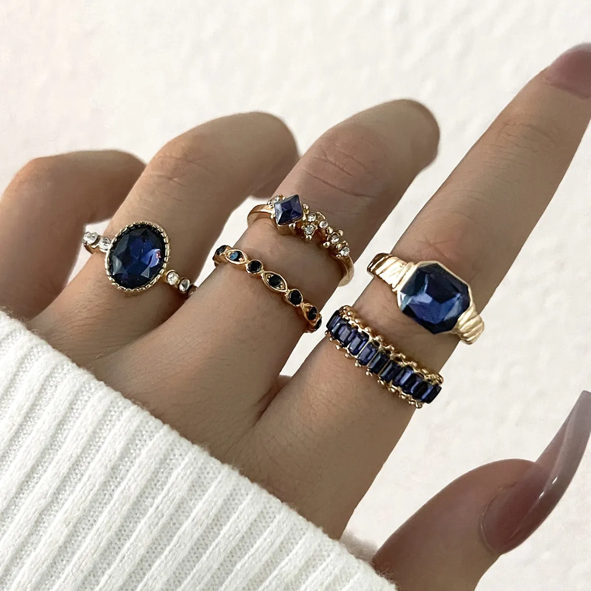 5Pc Green Crystal Gold Plated Vintage Classy Style Boho Ring Set