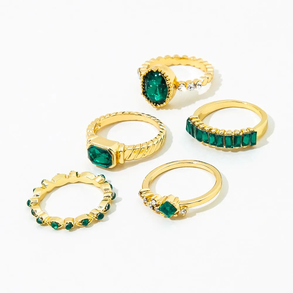 5Pc Green Crystal Gold Plated Vintage Classy Style Boho Ring Set