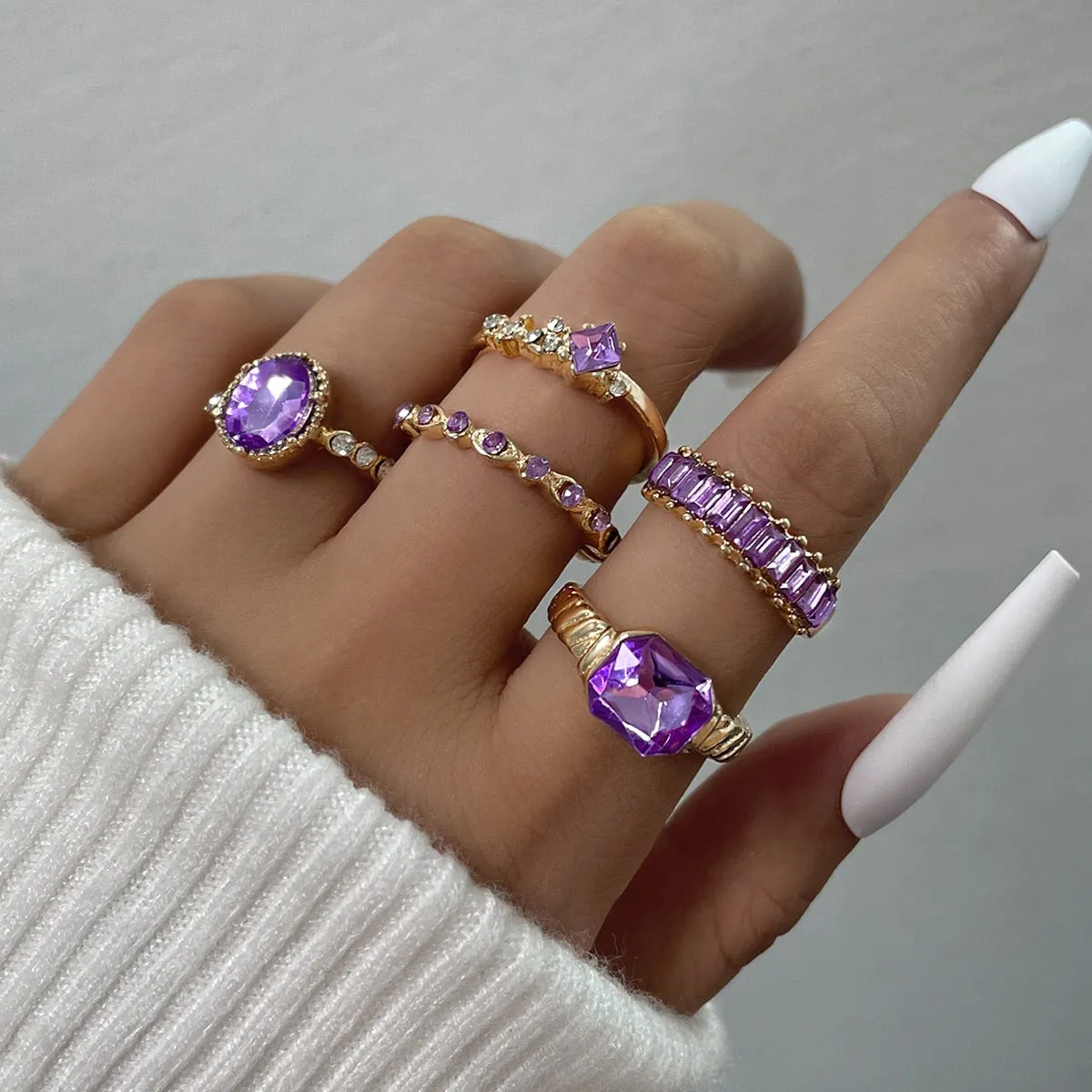 5Pc Green Crystal Gold Plated Vintage Classy Style Boho Ring Set