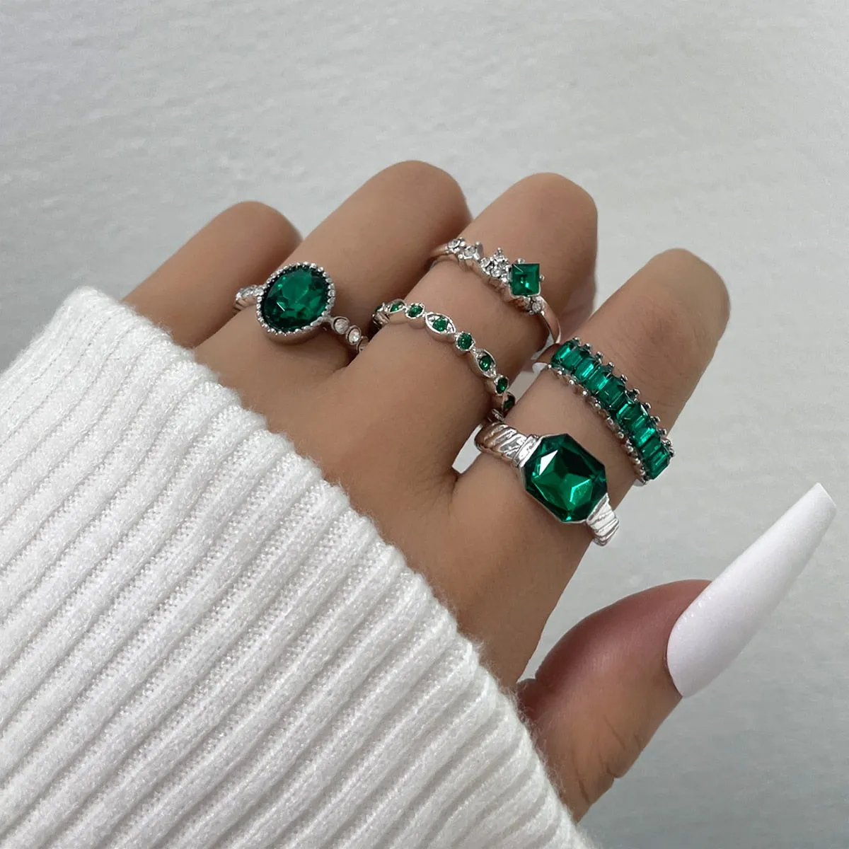 5Pc Green Crystal Gold Plated Vintage Classy Style Boho Ring Set