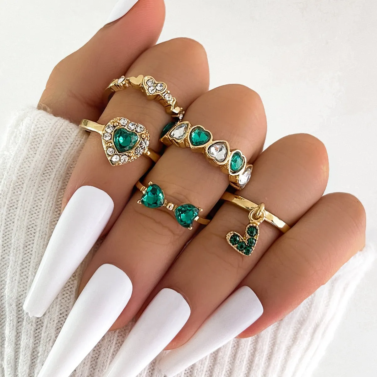 5Pc Green Crystal Gold Plated Vintage Classy Style Boho Ring Set