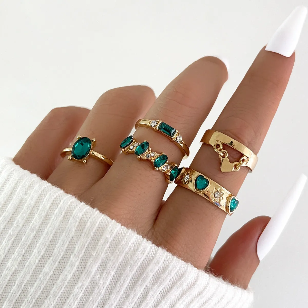 5Pc Green Crystal Gold Plated Vintage Classy Style Boho Ring Set