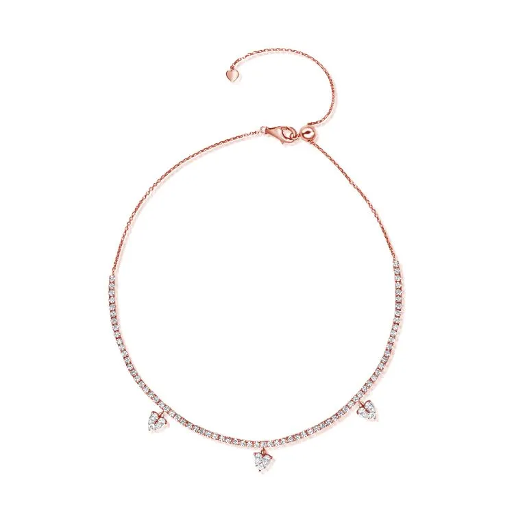 Adjustable Bolo Diamond Tennis Choker with Dangling Hearts