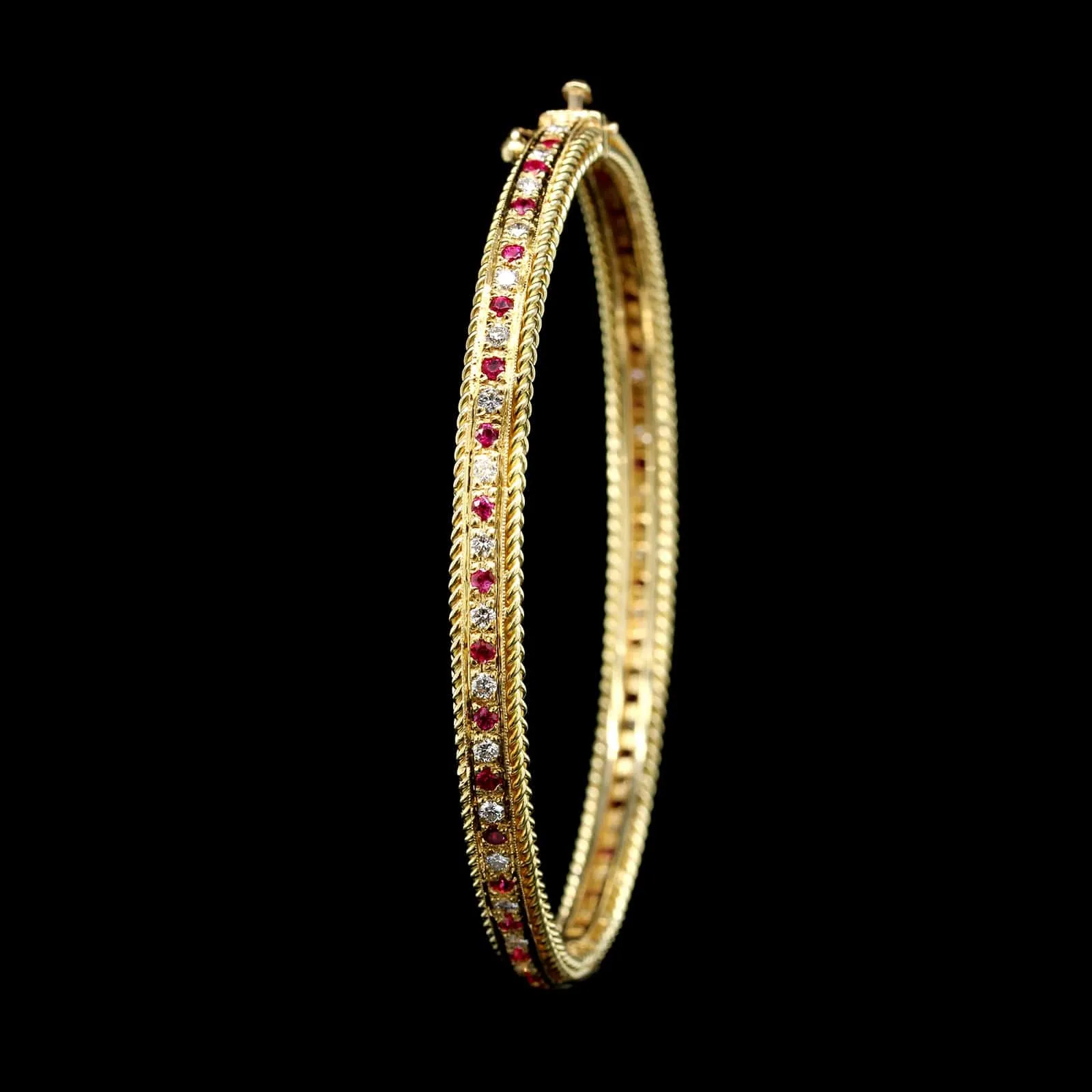 A.G.A. Correa & Sons 18K Yellow Gold Estate Diamond and Ruby Rope Bands Bangle