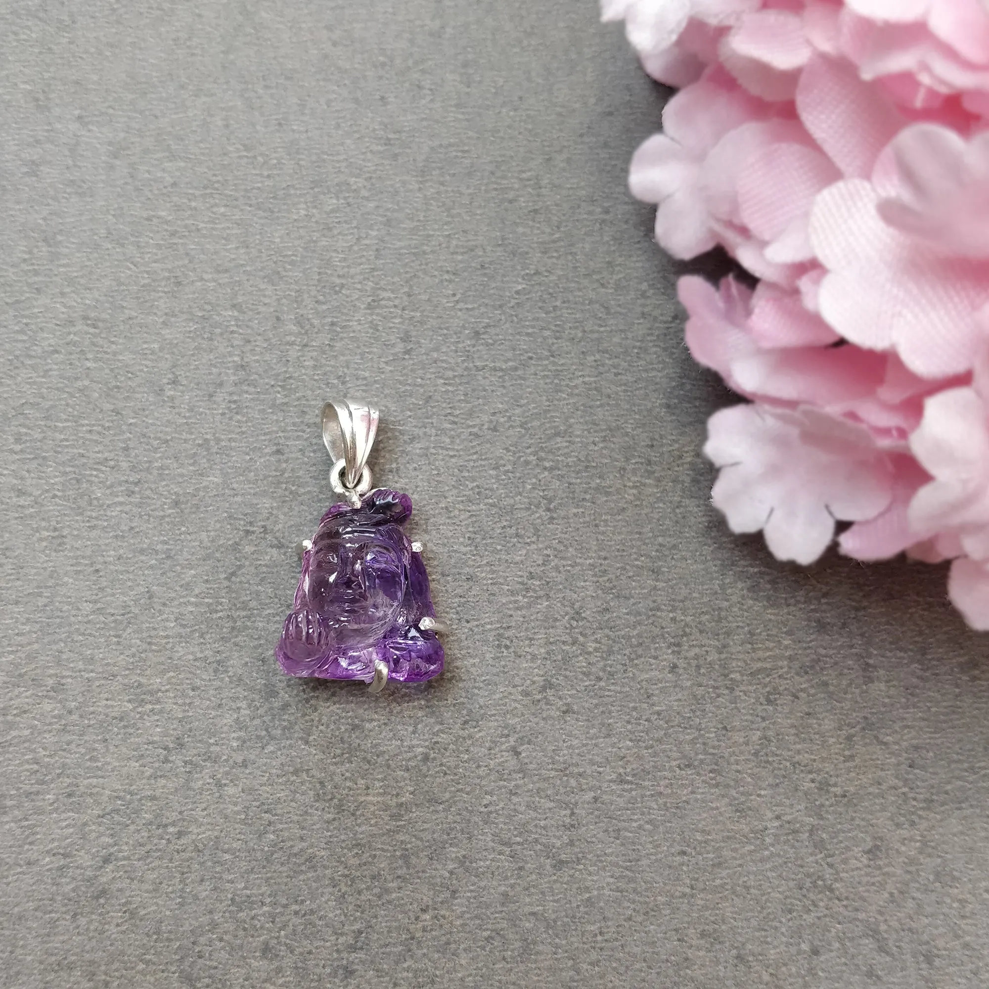 AMETHYST Gemstone 925 Sterling Silver Pendant : 3.96gms Natural Untreated Purple Amethyst Hand Carved Lord Shiva Prong Set Pendant 1"