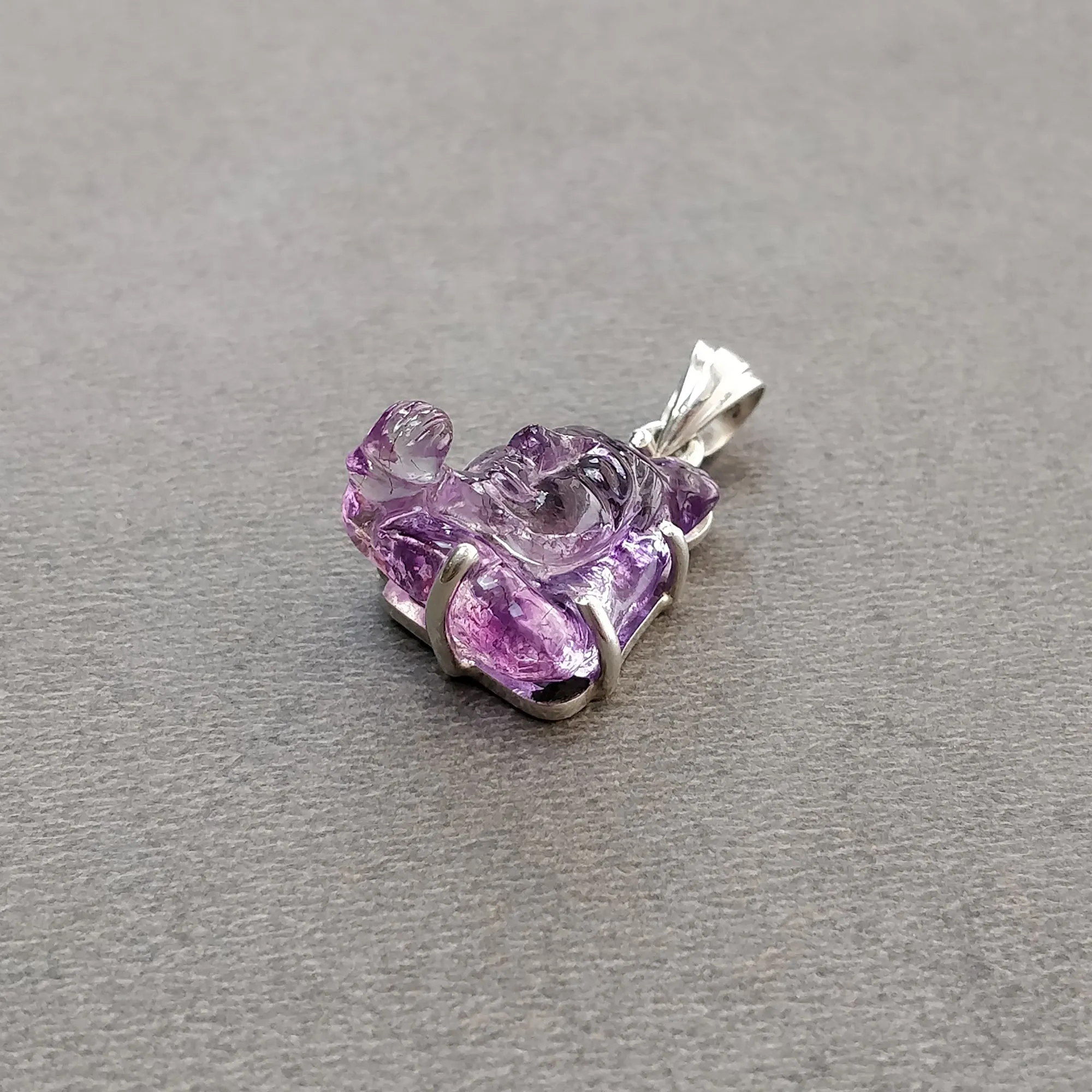 AMETHYST Gemstone 925 Sterling Silver Pendant : 3.96gms Natural Untreated Purple Amethyst Hand Carved Lord Shiva Prong Set Pendant 1"