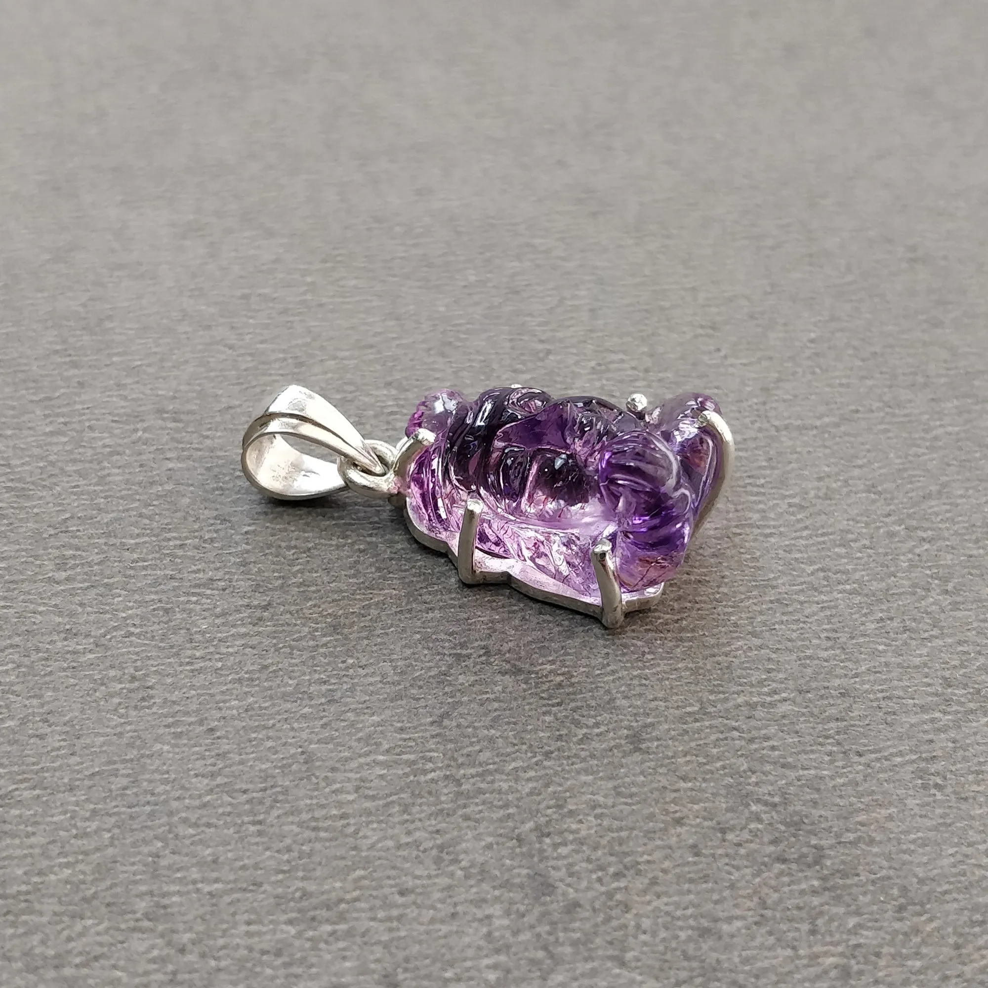 AMETHYST Gemstone 925 Sterling Silver Pendant : 3.96gms Natural Untreated Purple Amethyst Hand Carved Lord Shiva Prong Set Pendant 1"