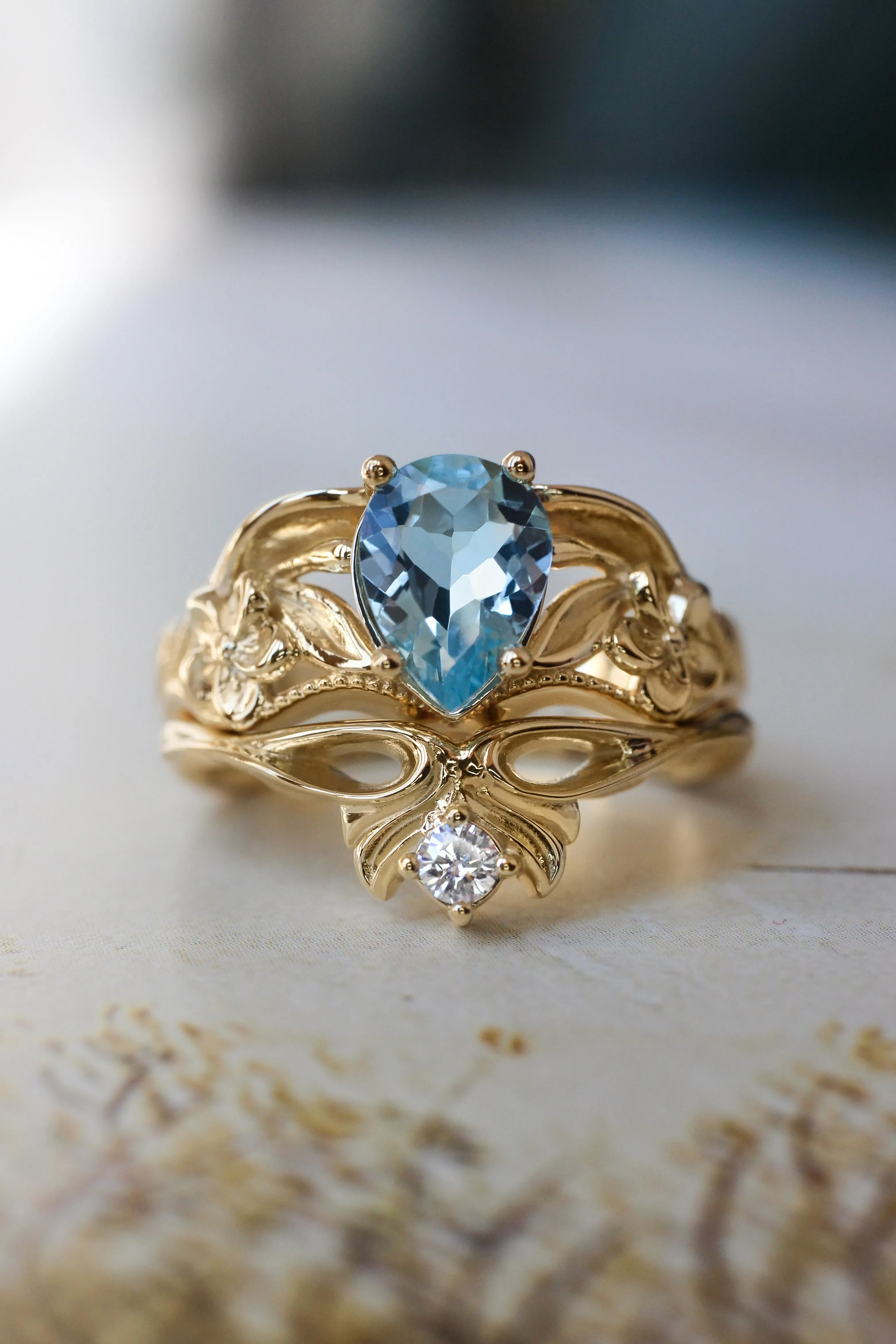 Aquamarine bridal ring set, art nouveau ring / Eloise