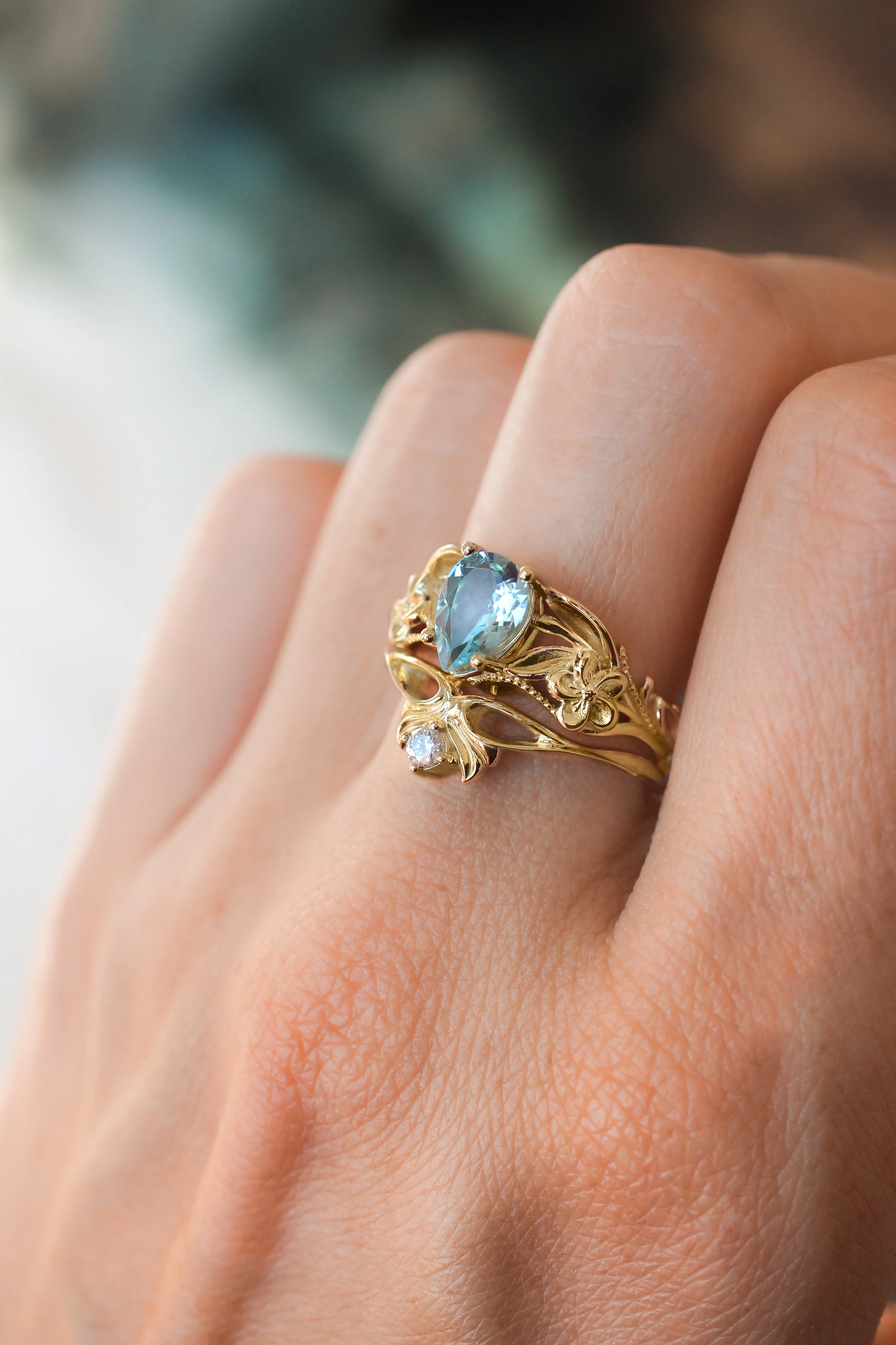 Aquamarine bridal ring set, art nouveau ring / Eloise