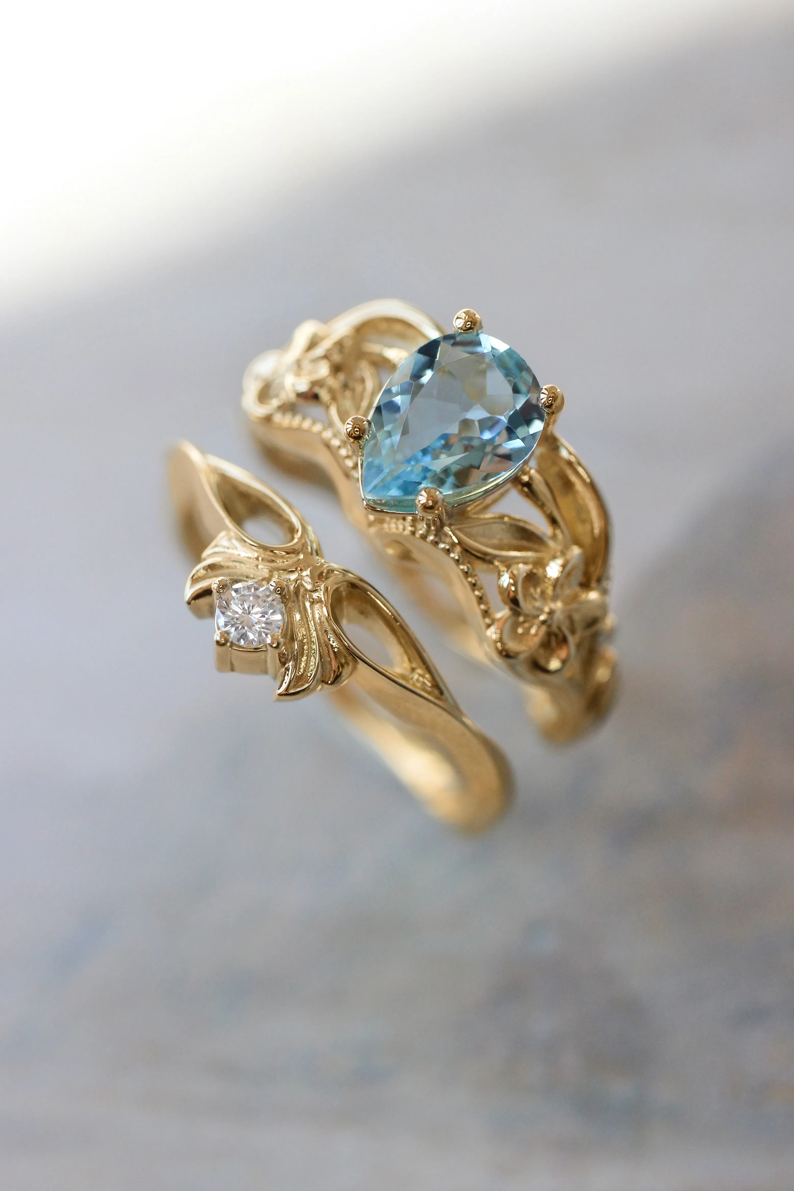 Aquamarine bridal ring set, art nouveau ring / Eloise