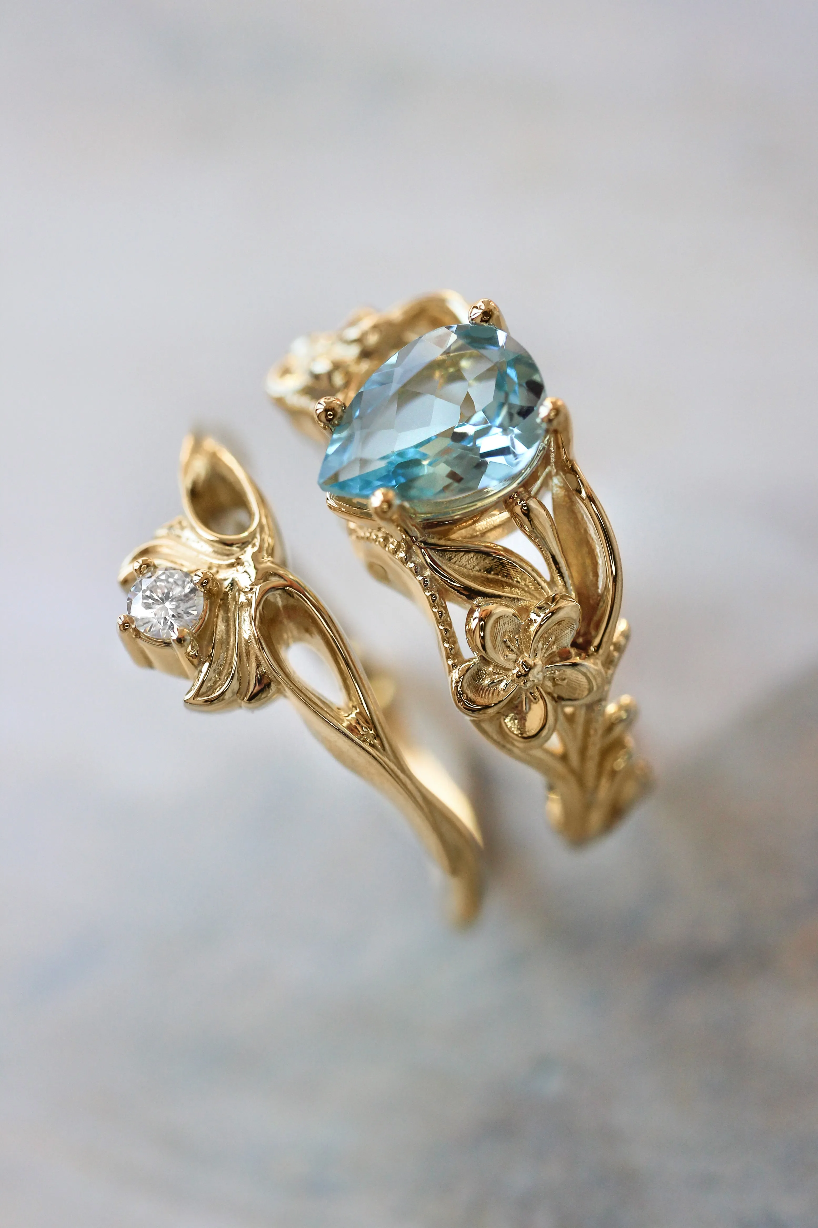 Aquamarine bridal ring set, art nouveau ring / Eloise