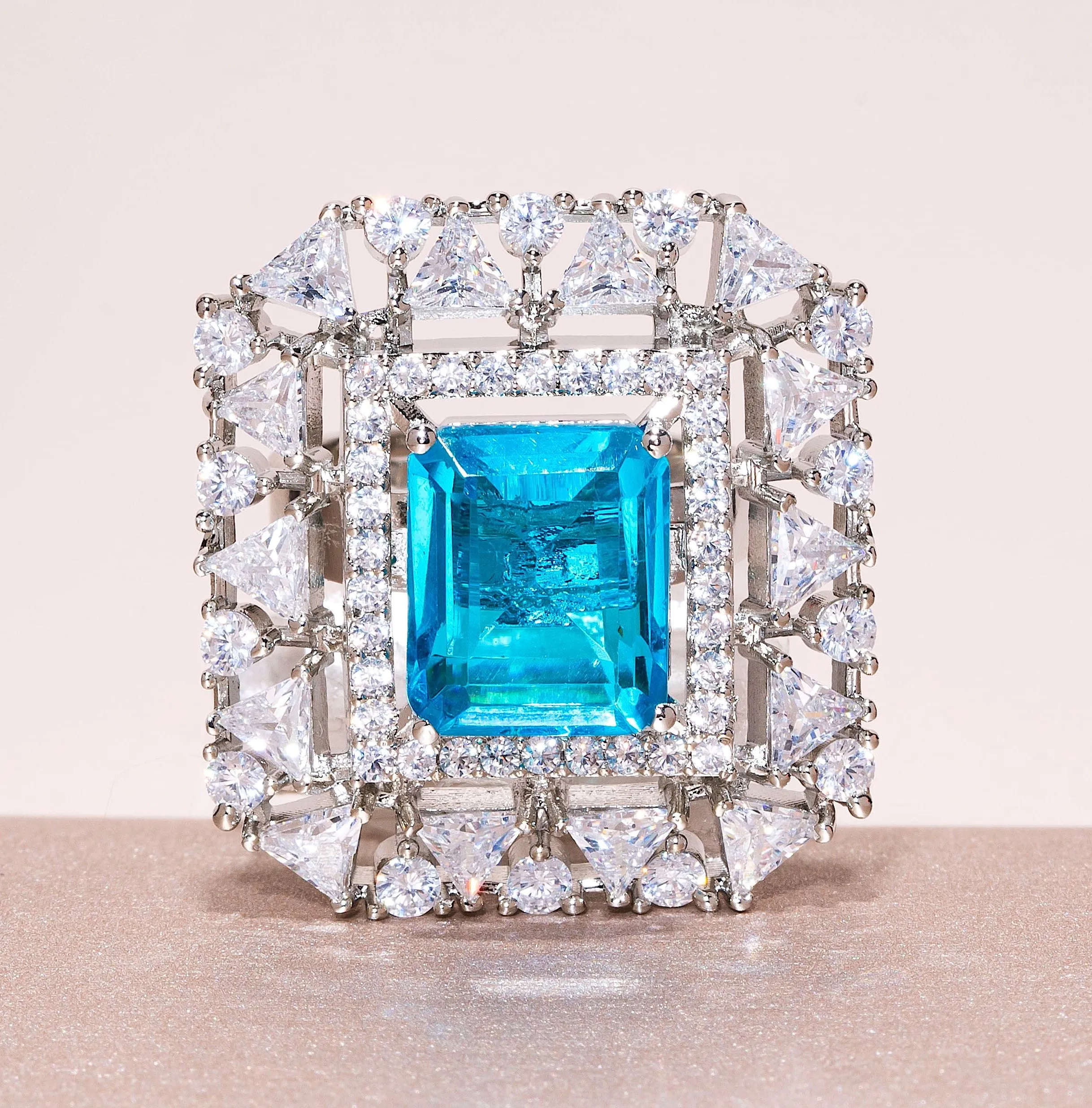 Aria Doublet Aqua Blue White Gold Indian Jewelry Cocktail Ring by Jaipur Rose