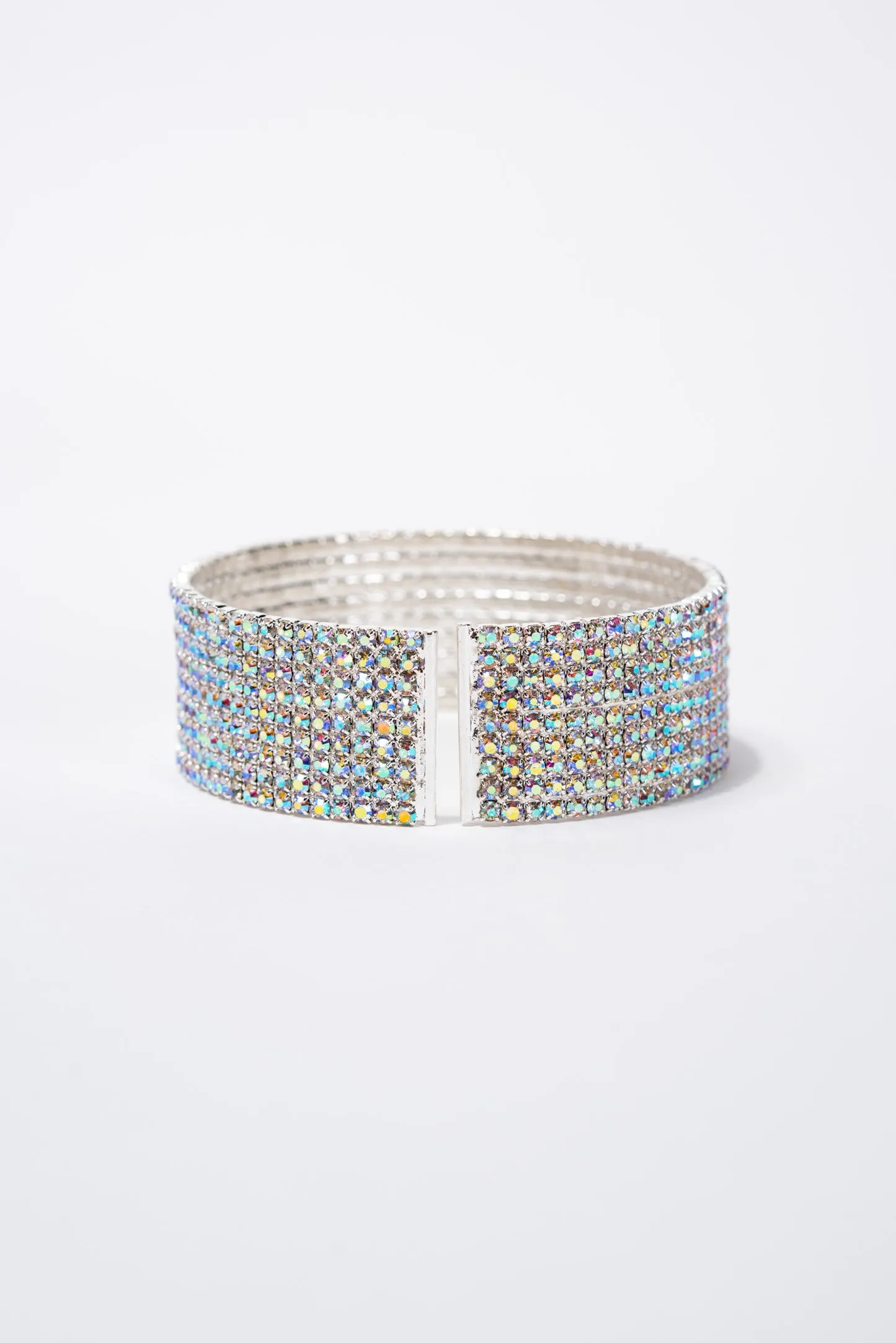 Aurelia Adjustable 7 Row Rhinestone Tennis Bangle Cuff - Silver Iridescent