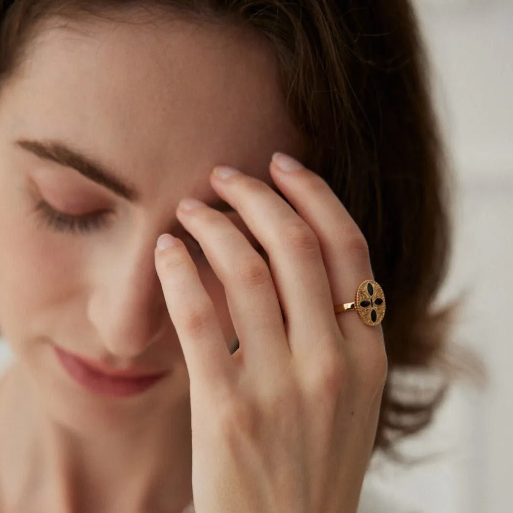 Black Cross Print Enamel Glaze Ring