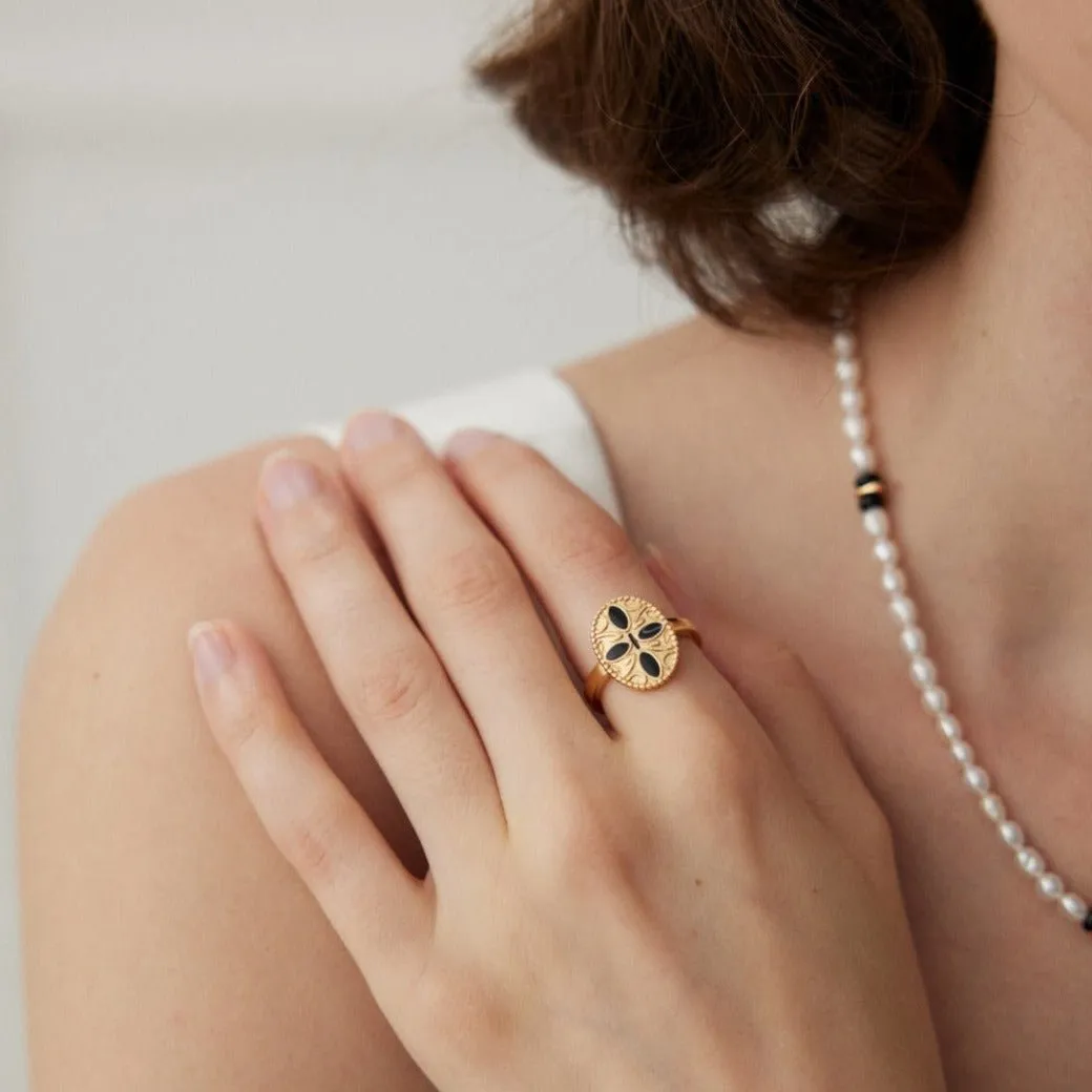 Black Cross Print Enamel Glaze Ring