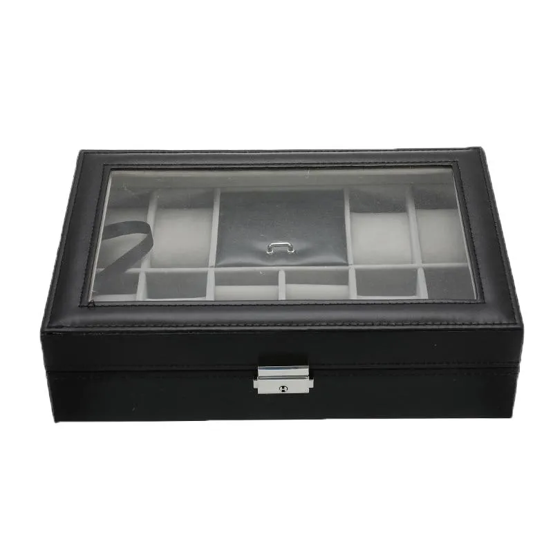 Black Leather Watch and Jewelry Multi Functional Storage Box