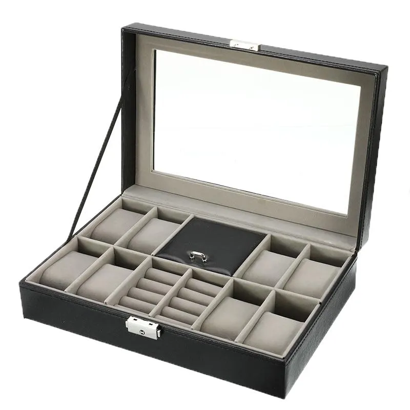 Black Leather Watch and Jewelry Multi Functional Storage Box