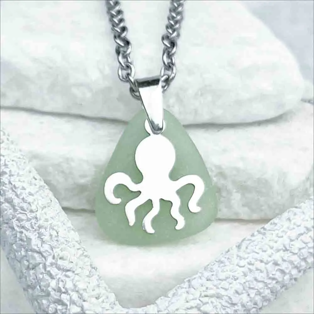 Clever Seafoam Sea Glass Pendant with Octopus Charm | #1725