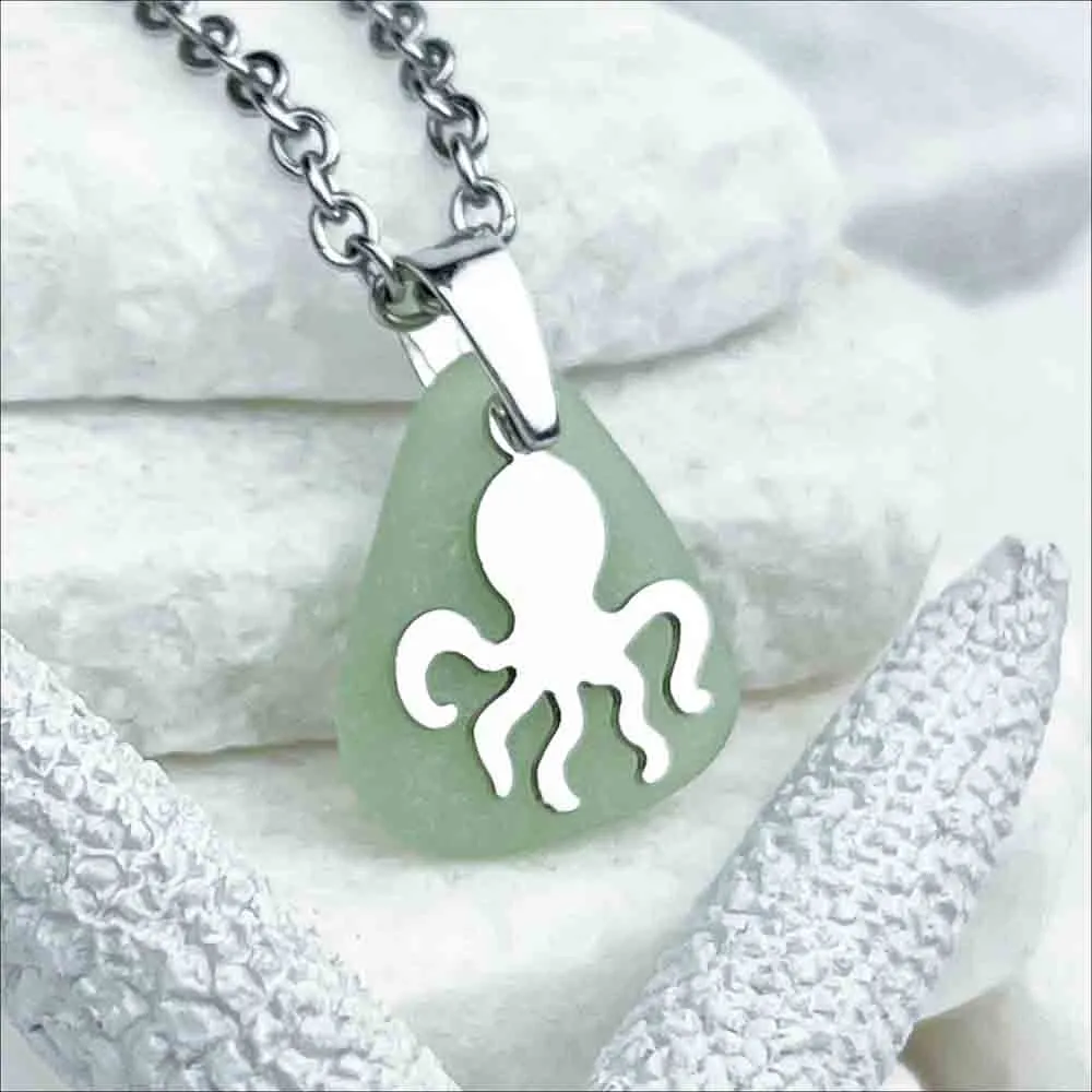 Clever Seafoam Sea Glass Pendant with Octopus Charm | #1725